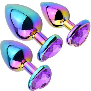 Anal Toys 3 Pcs/Set Colored Metal Butt Plug With Heart Jewel Base 2